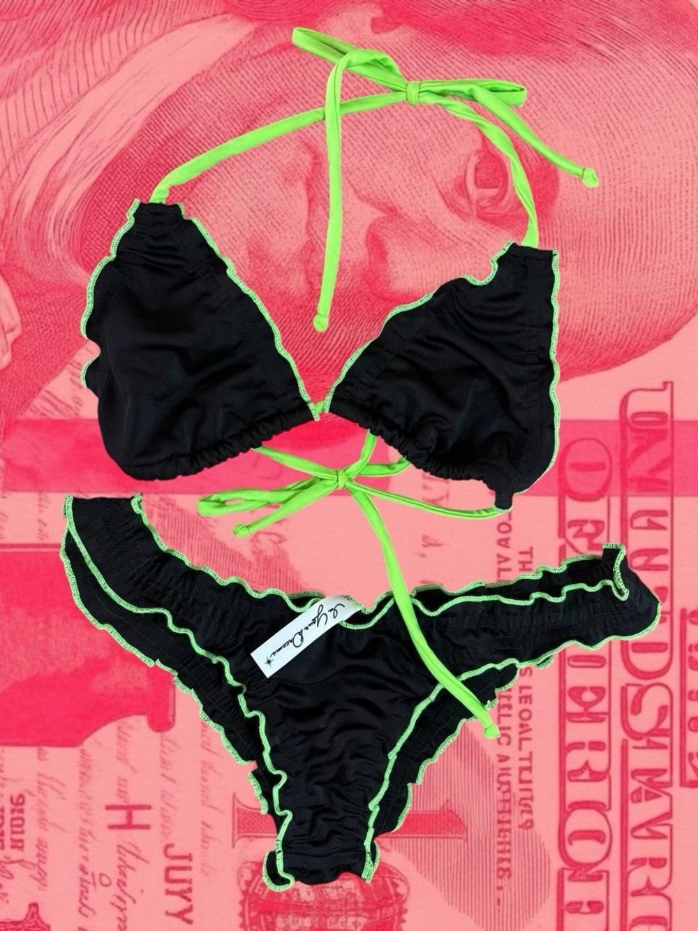 y2k black matching summer bikini set with neon green lettuce scallop trim